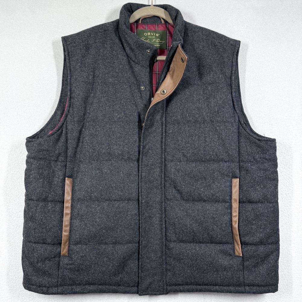 Orvis Wool Vest Mens XL Quilted Insulated Leather Trim Signature Hunting Outdoor
